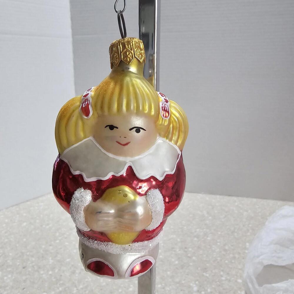 Christmas Poland Ornament Girl Holiday Pigtails Blond Bows Red 3” Mercury Glass